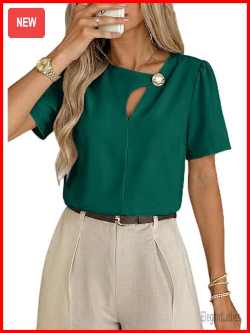 Short Sleeve Blouse with Puff Sleeves and Keyhole Back, Wrinkle-Resistant